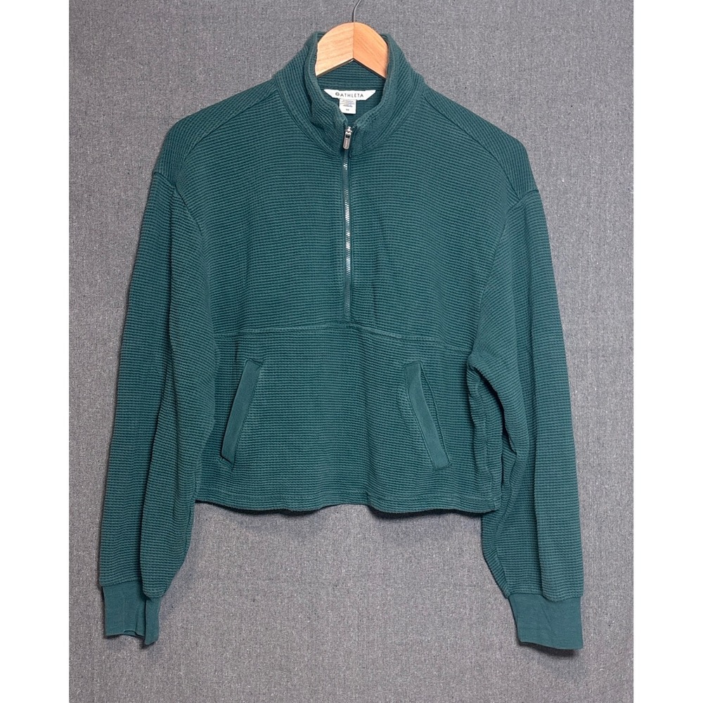 Athleta Womens Teal Tranquil Waffle Half Zip Cropped Pullover Sweatshirt Size M